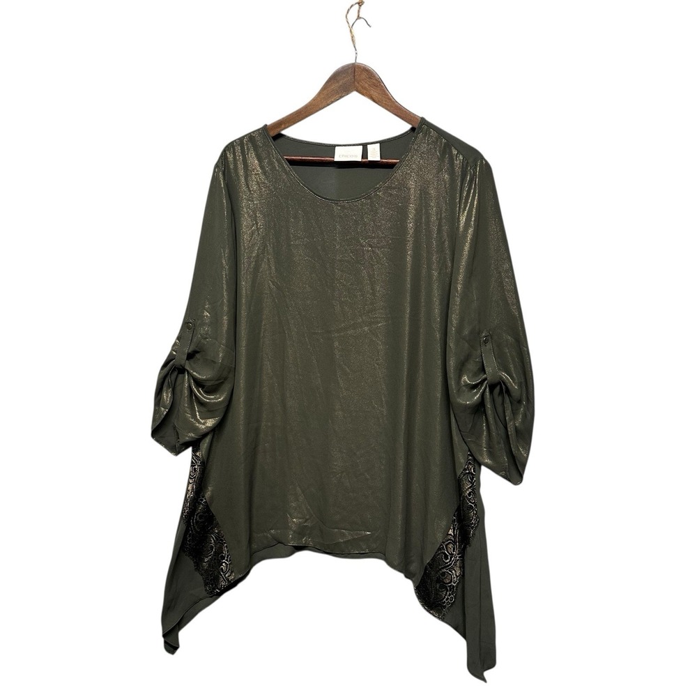 Chico's Womens Top Size 3 US XL Roll Tab Sleeve Asymmetrical Tunic Metallic Gree